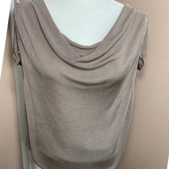 Chico's Tops - Chico's Size 2 Taupe Metallic Cowl Neck Knit Top Short Sleeve Rayon Blouse